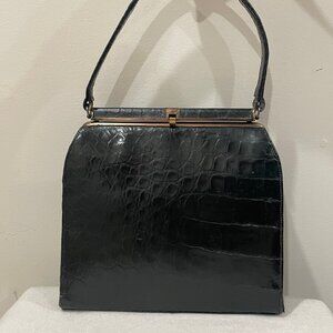 Vintage Sterling Black Alligator Top Handle Kelly Bag c1960s